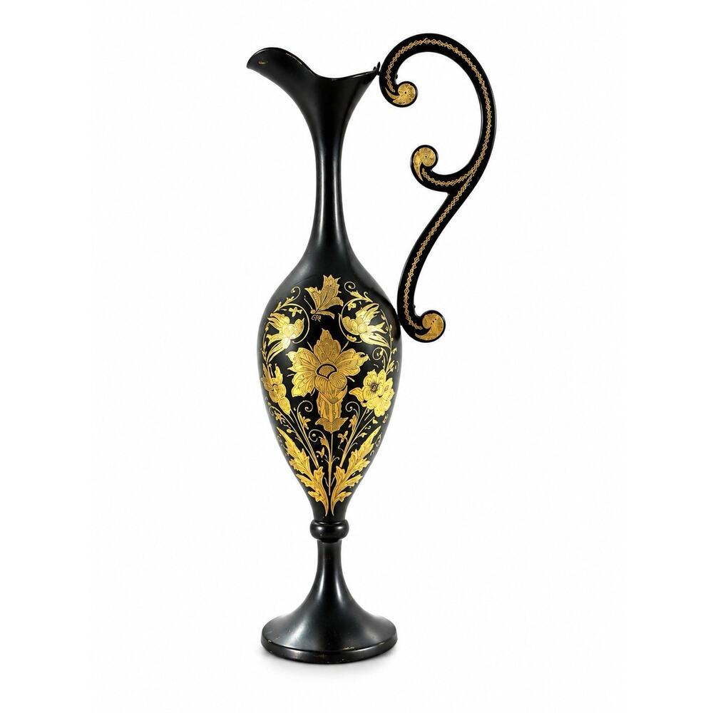 Vintage Black Gold Metal Ewer Vase Hollywood Regency Floral Bird Pitcher 7”
